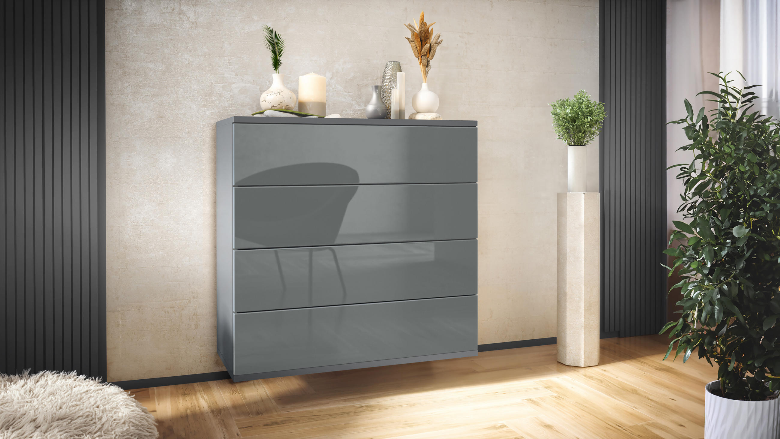 KOMMODE Pavos Grau Hochglanz - Grau, Holzwerkstoff (76/76/35cm) - Vladon