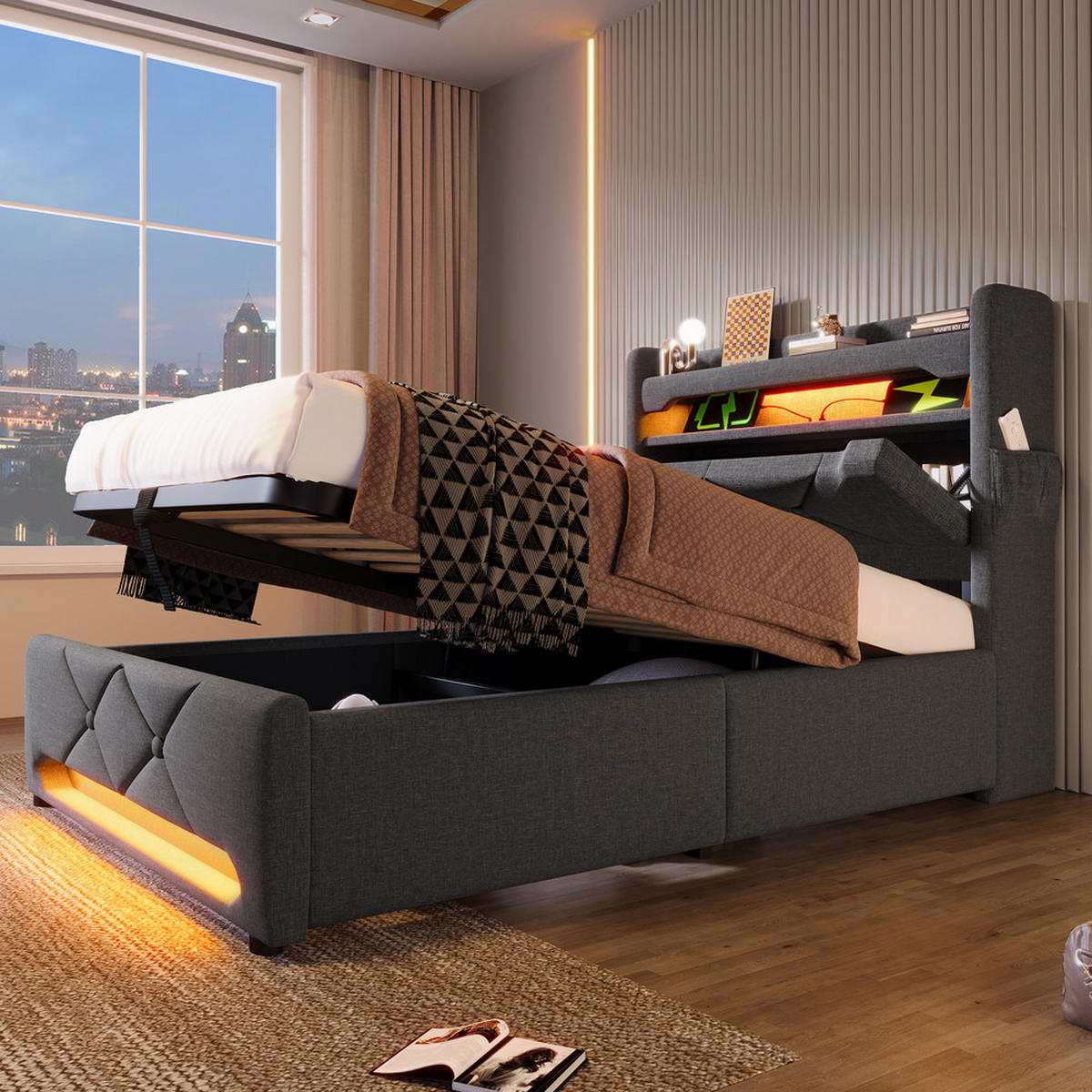 POLSTERBETT 90x200cm Einzelbett mit USB-C & 360° LED Beleuchtung Grau - Grau, Holz - FLIEKS