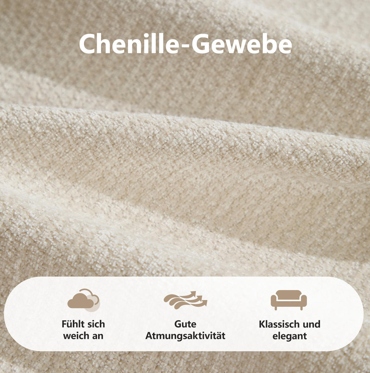 SOFA 264/97/68 cm in Beige aus Chenille mit ergonomischem Komfort - Beige, Textil (97/68/264cm) - Flora Grace