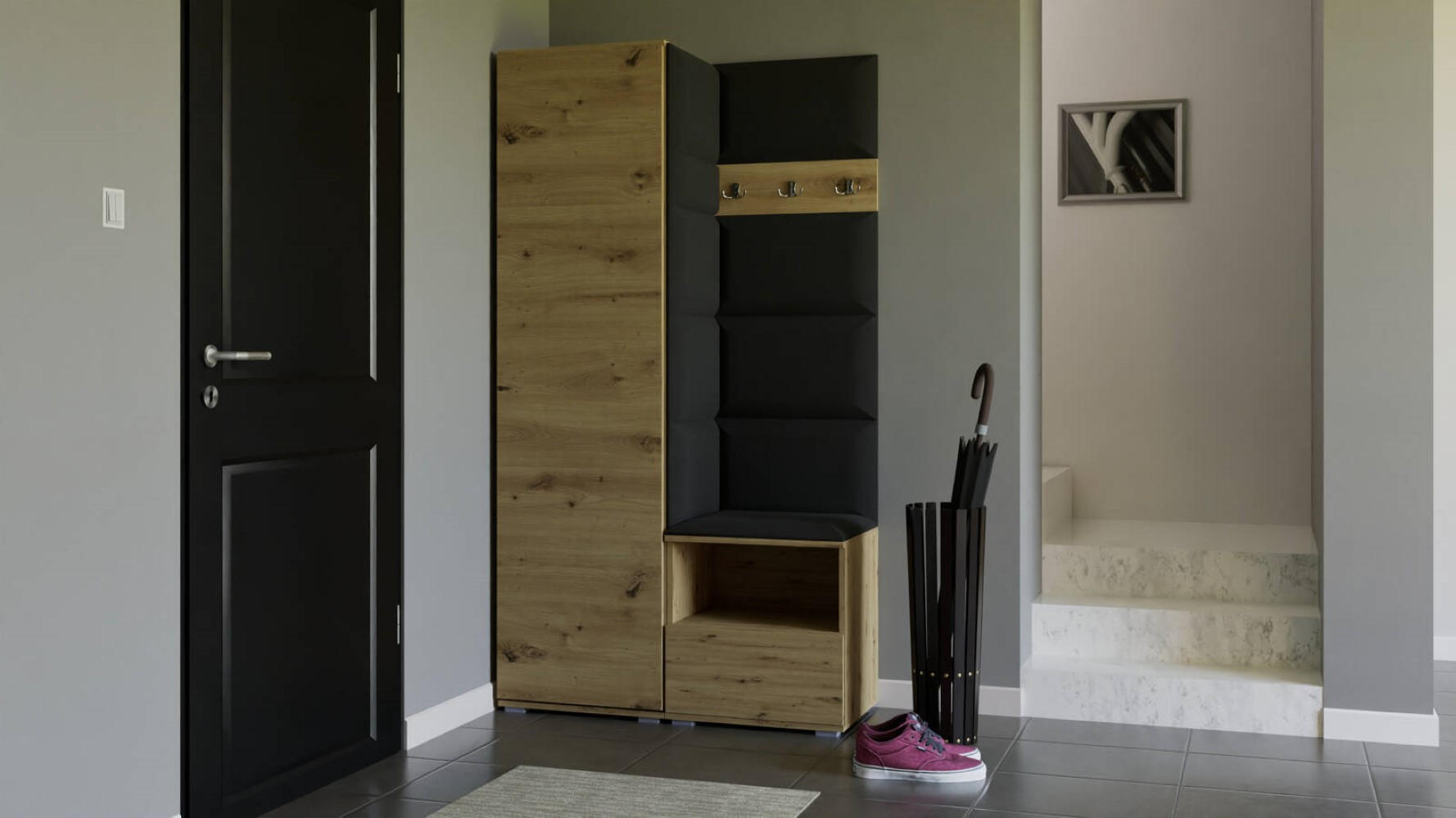 Thumbnail - Xxxl Garderoben-Set, Eiche Artisan, Schwarz, Holzwerkstoff, 1-Sitzer, 2 Fächer, 100x187x40 cm, Garderobe, Garderoben-Set...