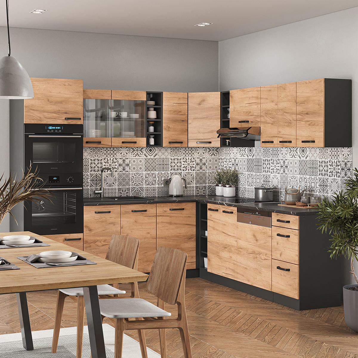 ECKKÜCHE R-Line Goldkraft Eiche/Anthrazit 237 x 60 cm ohne Arbeitsplatte - Anthrazit/Eiche Wotan, Holzwerkstoff (247/81.6/46cm) - Vicco