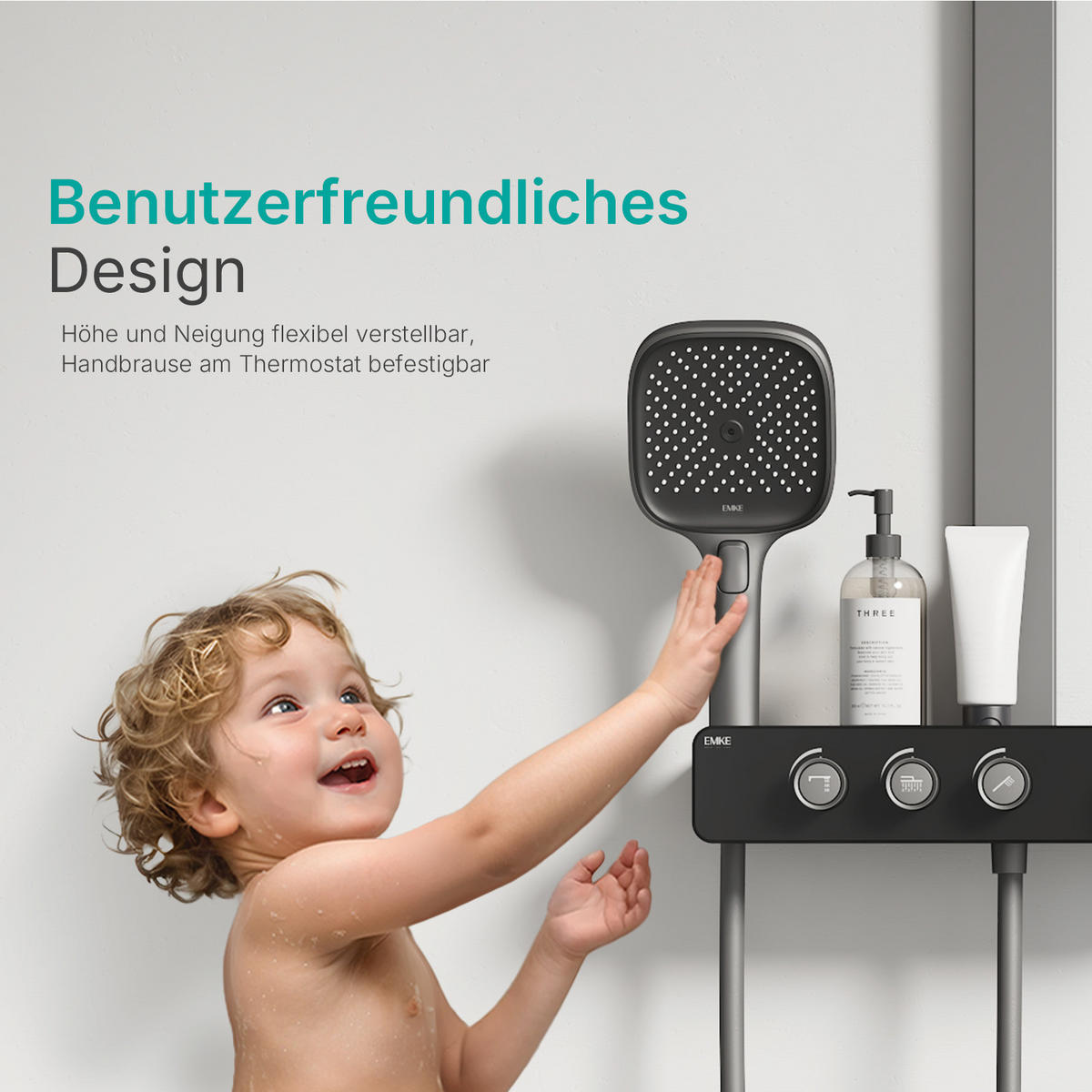 ÜBERKOPFBRAUSESET mit Dreiwege-Konstanttemperaturmischer Anthrazit Matt - Anthrazit, Metall (36/112/48.5cm) - EMKE