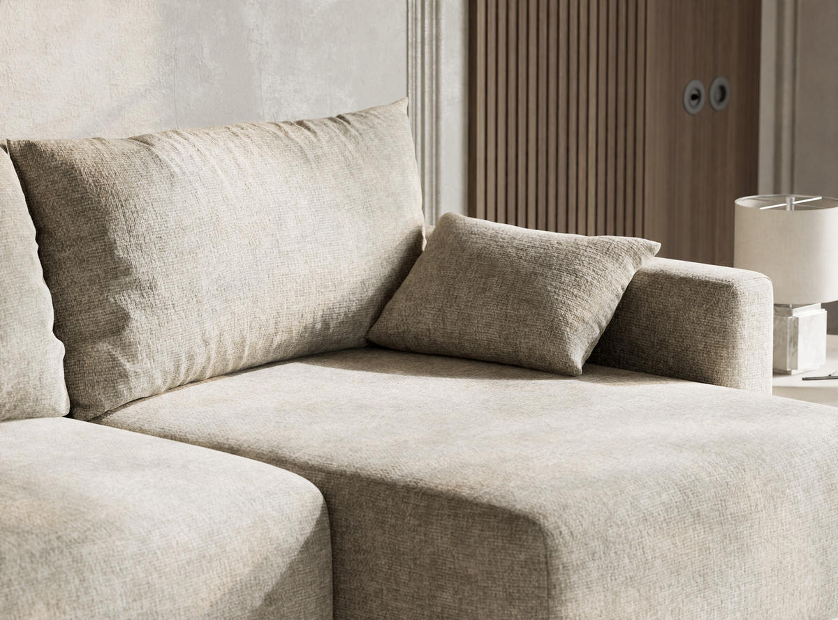 ECKSOFA MIT SCHLAFFUNKTION Leon Beige Chenille-Stoff - Beige/Schwarz, Holz/Holzwerkstoff (239/148cm) - Maison de Reve