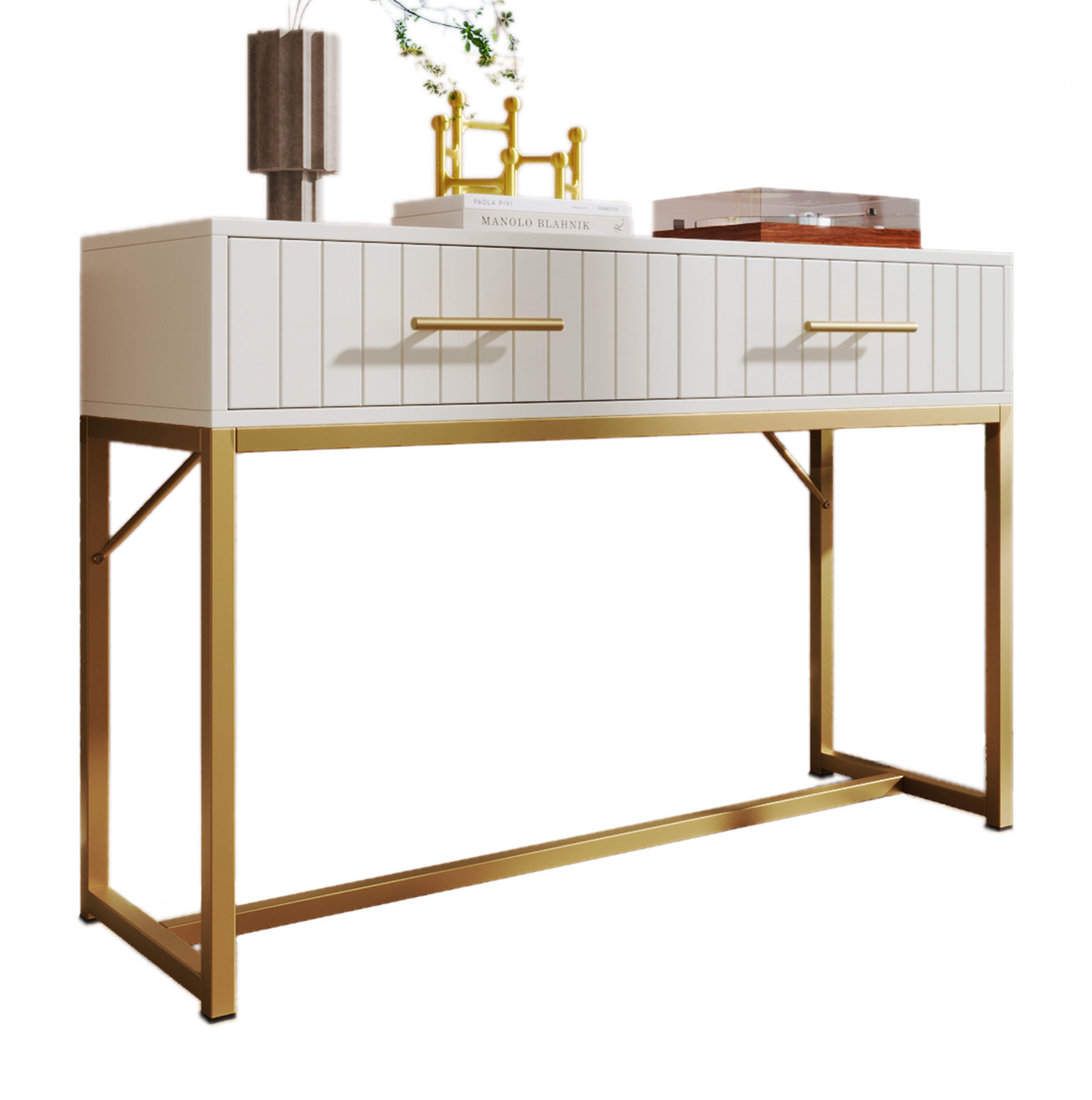 SCHMINKTISCH 100/45/75 cm mit 2 Schubladen, geriffelter Front und Metallsockel aus Spanplatte, Weiß - Weiß, Holzwerkstoff (100/45/75cm) - Redom