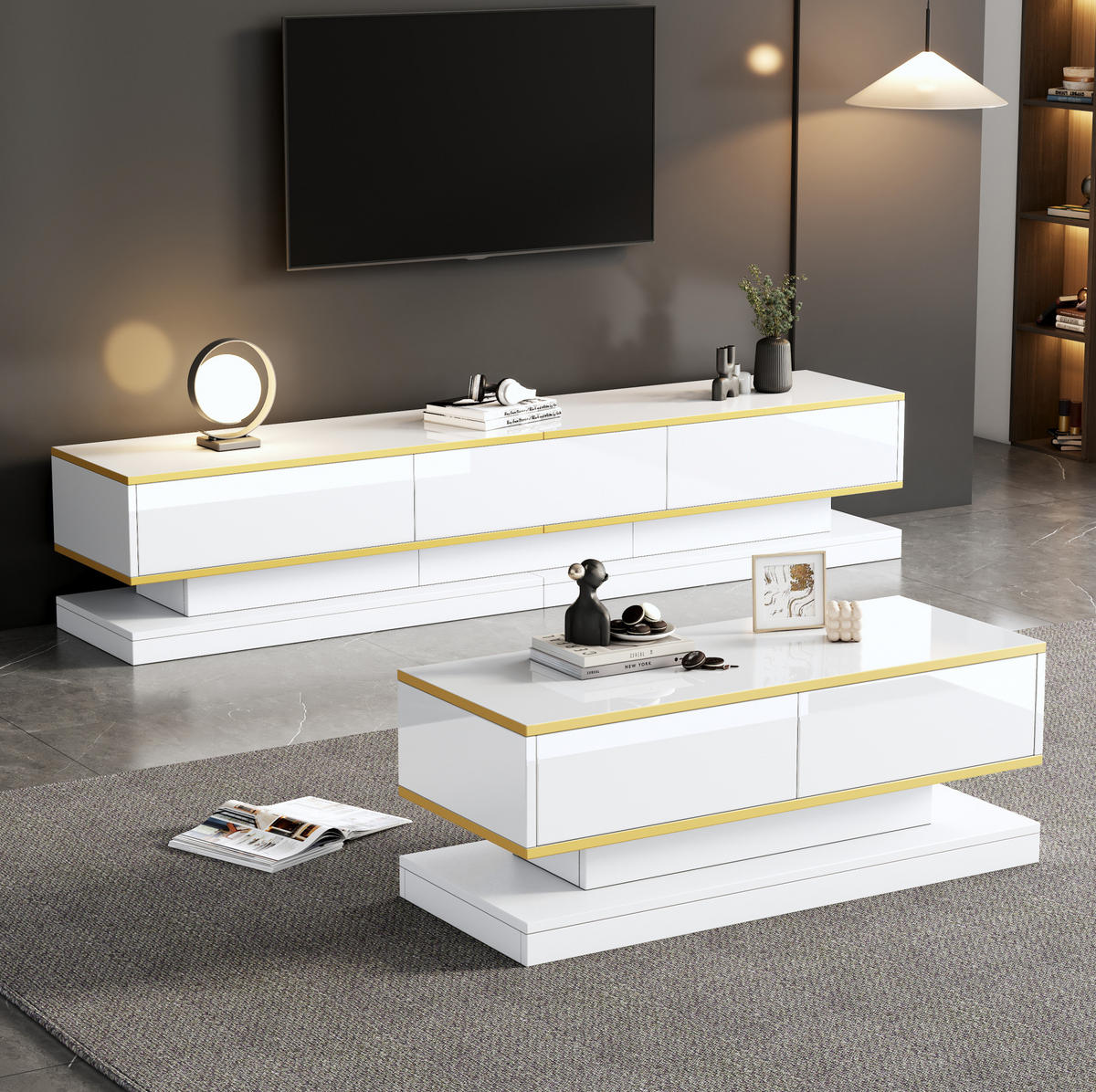 TV-SCHRANK- und Couchtisch-Set 200/40/40 & 100/50/38 cm warmweiß aus Spanplatte mit Schubladen - Weiß, Holzwerkstoff (200/40/40cm) - OKWISH