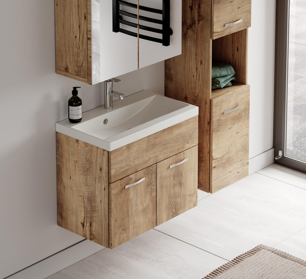 BADMÖBEL-SET Montreal 4 Teile Spiegelschrank Kastanien Eiche - 60 x 35 x 51 cm - Kastanienfarben/Eichefarben, Holz (60/51/35cm) - Badplaats