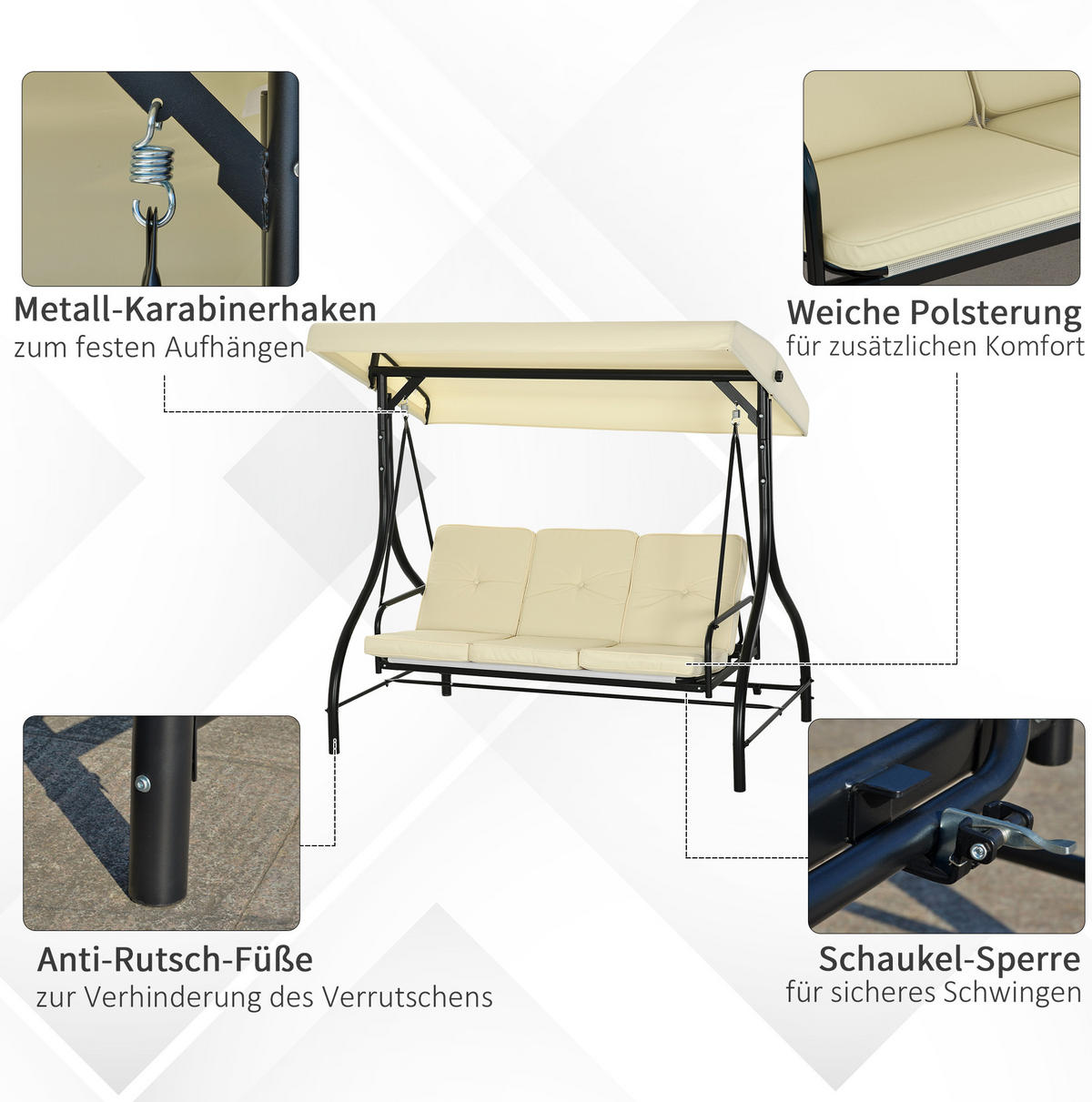 HOLLYWOODSCHAUKEL aus Stahl 195x117x175 cm in Beige mit Liegefunktion - Beige, Metall (117/175/195cm) - Modfu