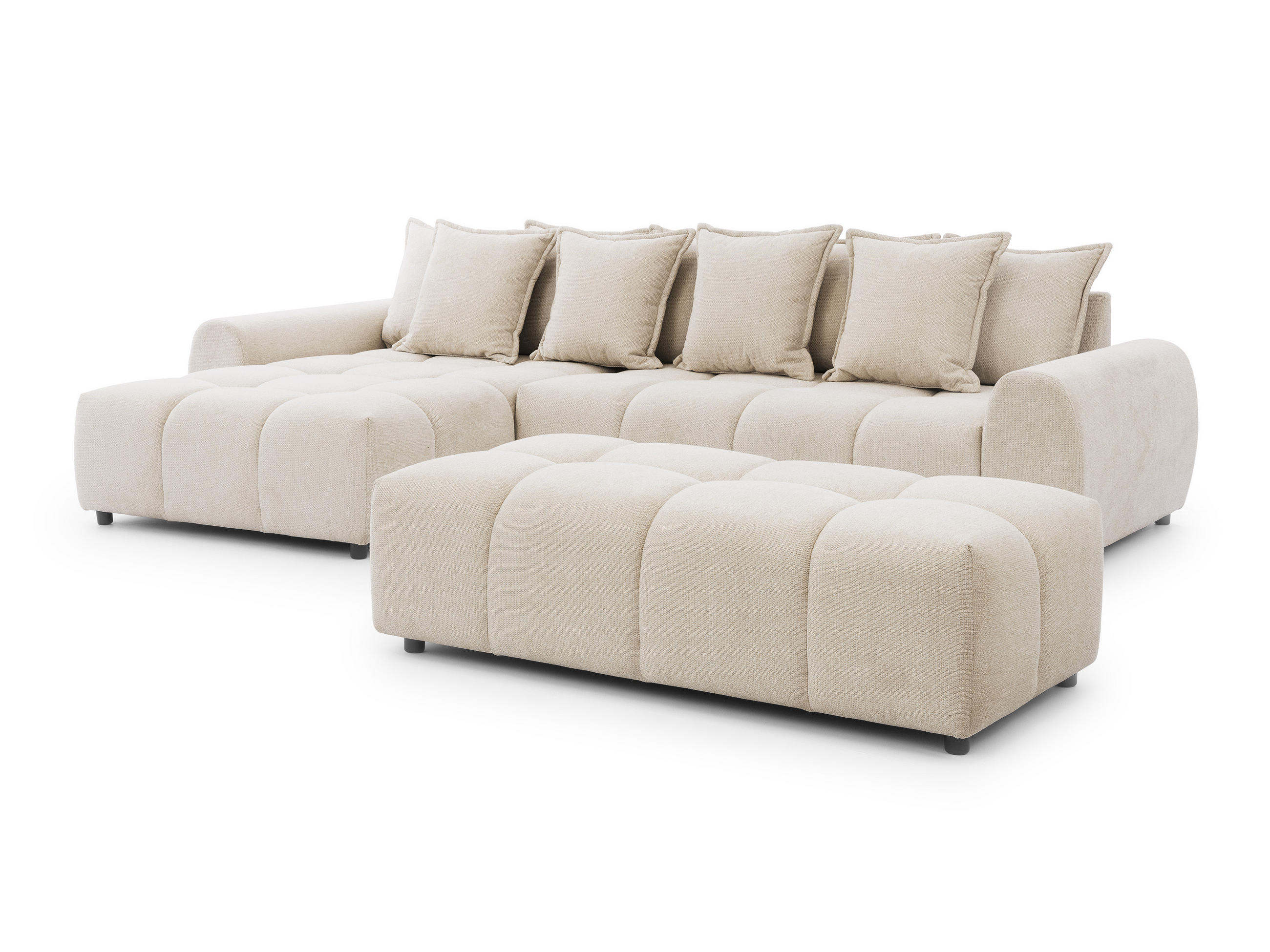 ECKSOFA inkl. Hocker Bubble mit Schlaffunktion und losen Rückenkissen, Sitzfläche in Bubble-Optik aus weichem Hellbeige Strukturstoff - Ottomane Links - Beige/Schwarz, Holz/Kunststoff (180/306cm) - S-Style Möbel