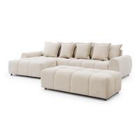 ECKSOFA inkl. Hocker Bubble mit Schlaffunktion und losen Rückenkissen, Sitzfläche in Bubble-Optik aus weichem Hellbeige Strukturstoff - Ottomane Links - Beige/Schwarz, Holz/Kunststoff (180/306cm) - S-Style Möbel