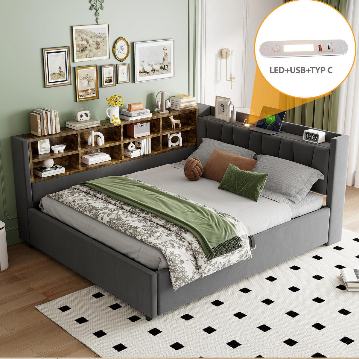 SCHLAFSOFA 140/200 cm in Dunkelgrau Samt mit Bettkasten, LED, USB, Type-C und Ablagen - Dunkelgrau, Holzwerkstoff/Textil (140/200cm) - WISHDOR