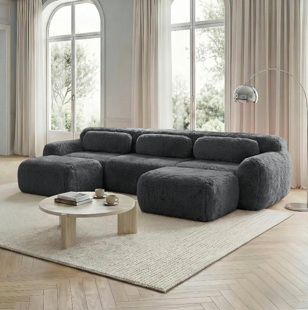 ECKSOFA 291/179/73 cm grau aus Plüschstoff modular in U-Form ohne Montage - Grau, Textil (179/291cm) - OKWISH