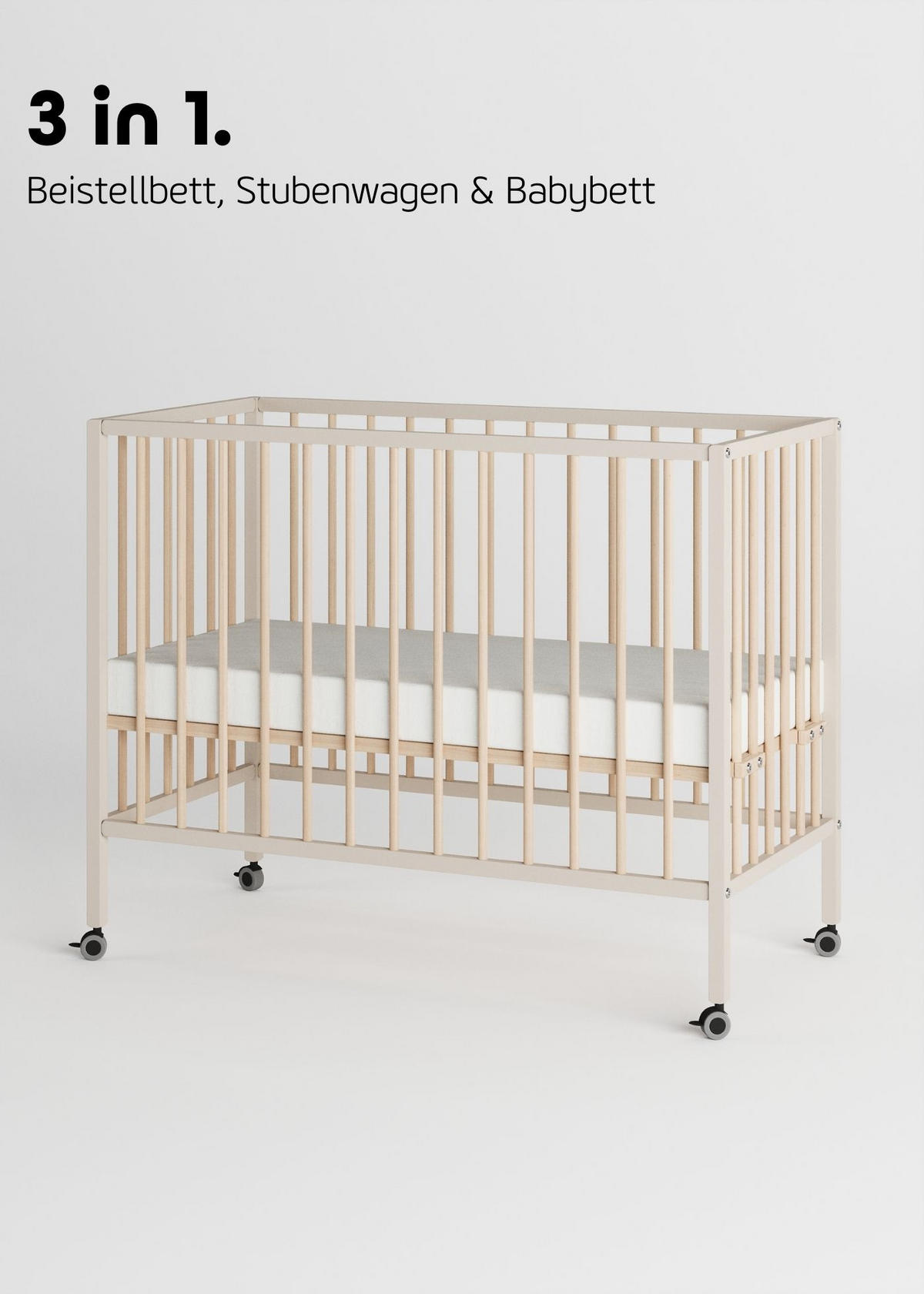 BEISTELLBETT mit Matratze Cloud Air, Rollen & Umbauseite - sahara dust/natur - Dreamy 4 in 1 Bett - Sandfarben/Naturfarben, Holz (120/90/60cm) - Sämann – make a difference.