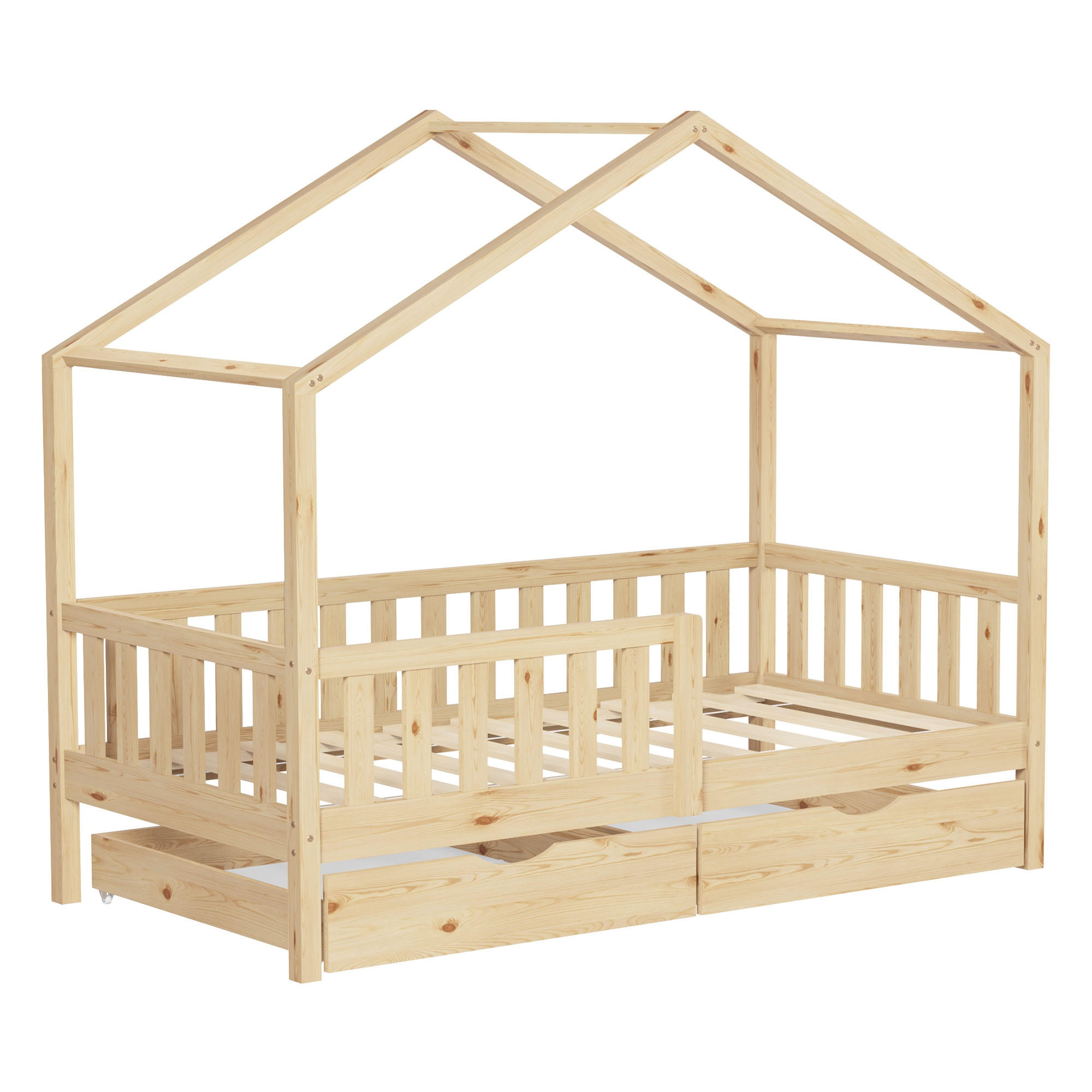 HAUSBETT 80x160 cm Natur aus Kiefernholz mit 2 Schubladen und Rausfallschutz - Beige, Holz (80/160cm) - ML-DESIGN