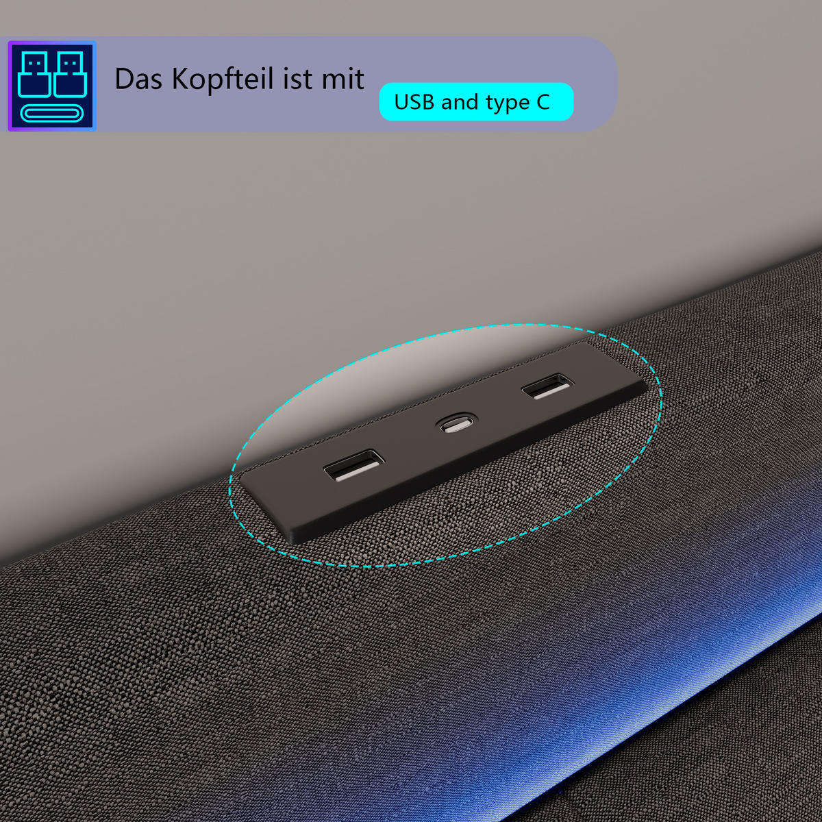 POLSTERBETT 160x200 cm, Grau, mit LED-Beleuchtung & USB-Stecker - Grau, Textil/Metall (160/200cm)