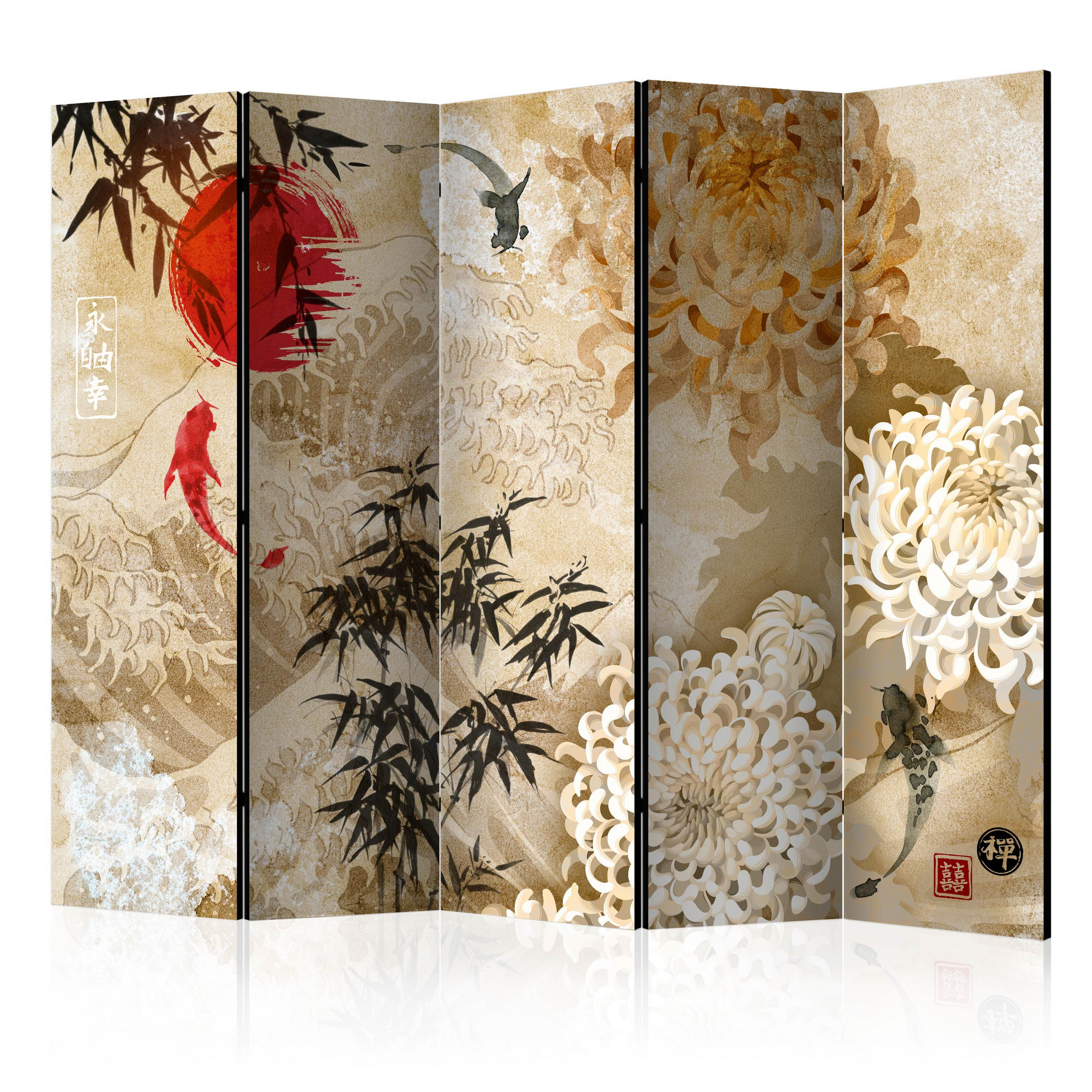 PARAVÁN Jednostranný 5-Dielny 225x172 cm Japonské koi kapry - hnedá, drevo/textil (225/172/3cm) - Muralo