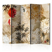 PARAVÁN Jednostranný 5-Dielny 225x172 cm Japonské koi kapry - hnedá, drevo/textil (225/172/3cm) - Muralo