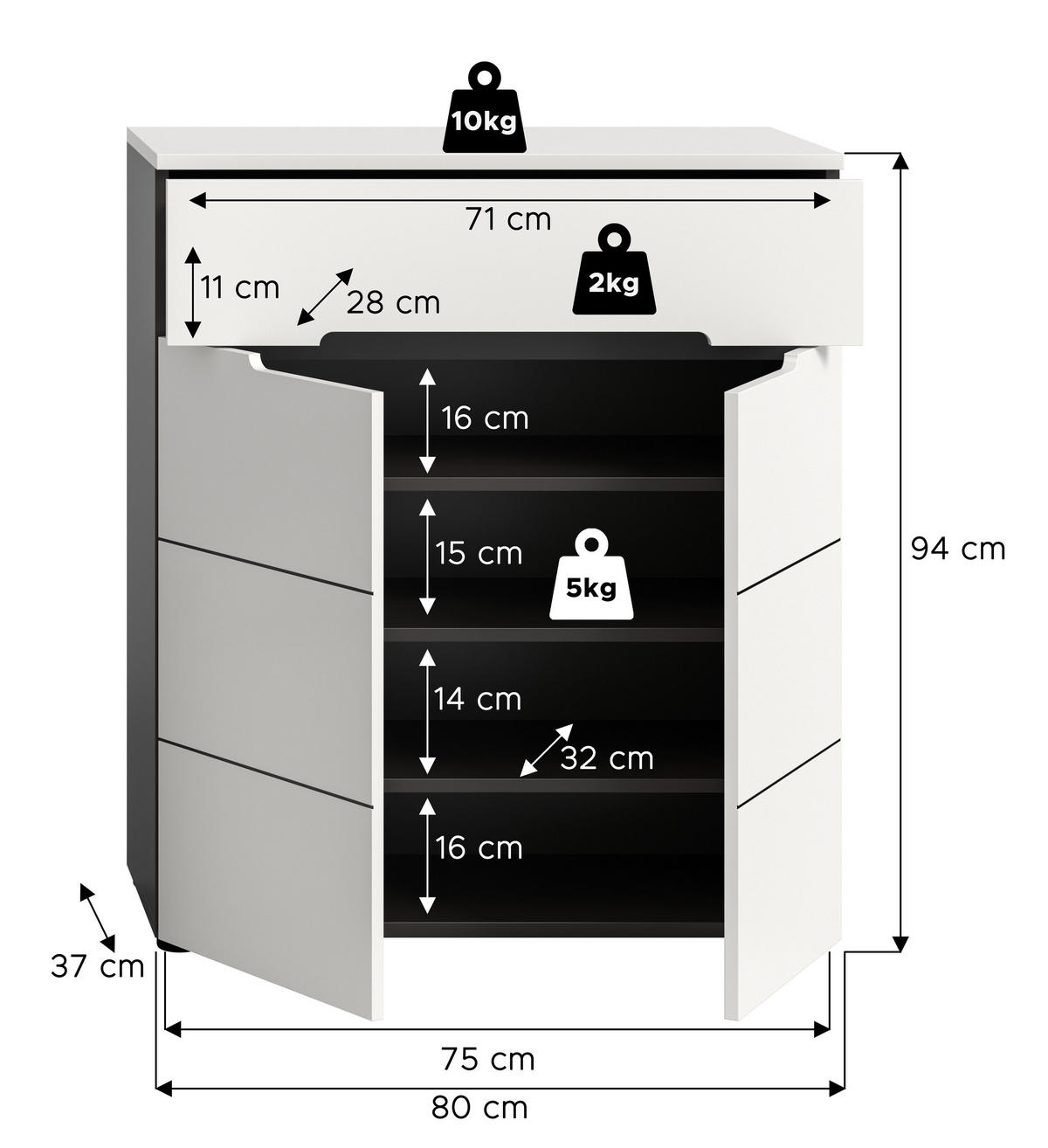 SCHUHKOMMODE CANU (B/H/T: ca. 80/94/37 cm) in Basalt grau/weiß - Grau, Holzwerkstoff (80/94/37cm)