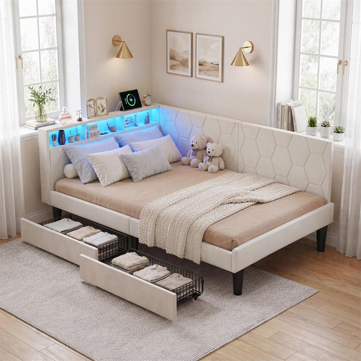 POLSTERBETT 140x200 cm mit Kopfteil-Stauraum - 2 Schubladen - USB Type-C & LED - ohne Matratze - Beige - Beige, Textil (140/200cm) - DELFA