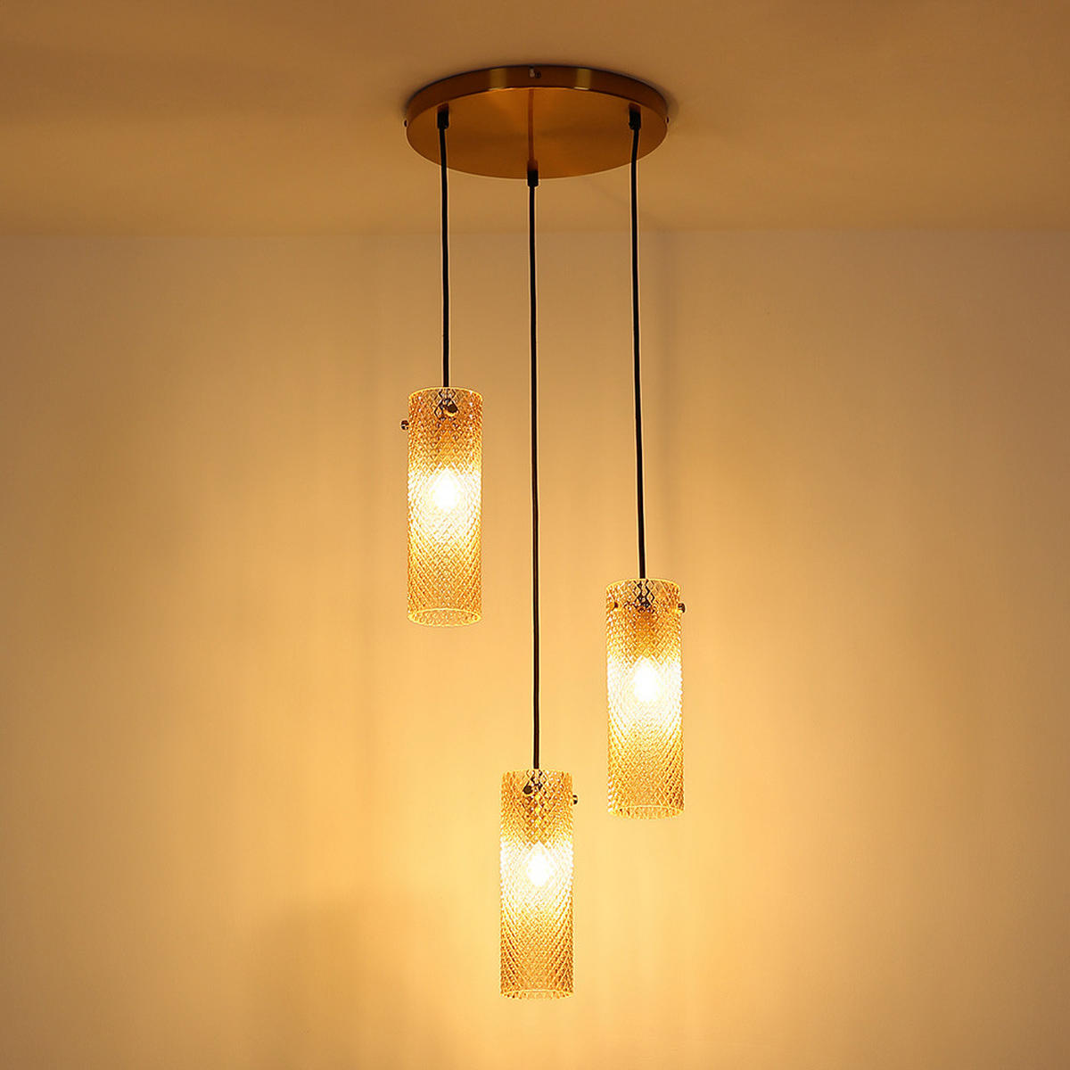 PENDELLEUCHTE Metall, Gold, Amberglas, 3-flammig - Goldfarben, Glas (35/35/120cm) - Globo Lighting