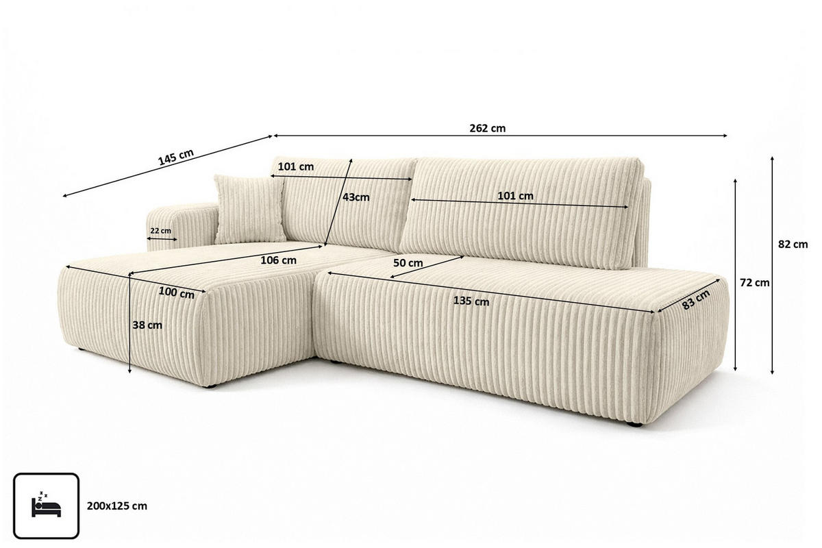 ECKSOFA Mit Schlaffunktion Und Bettkasten, Cordstoff Tilia, Ecru, Links, OPEN XL - Ecru, Holz (262/145cm) - Kaiser Möbel