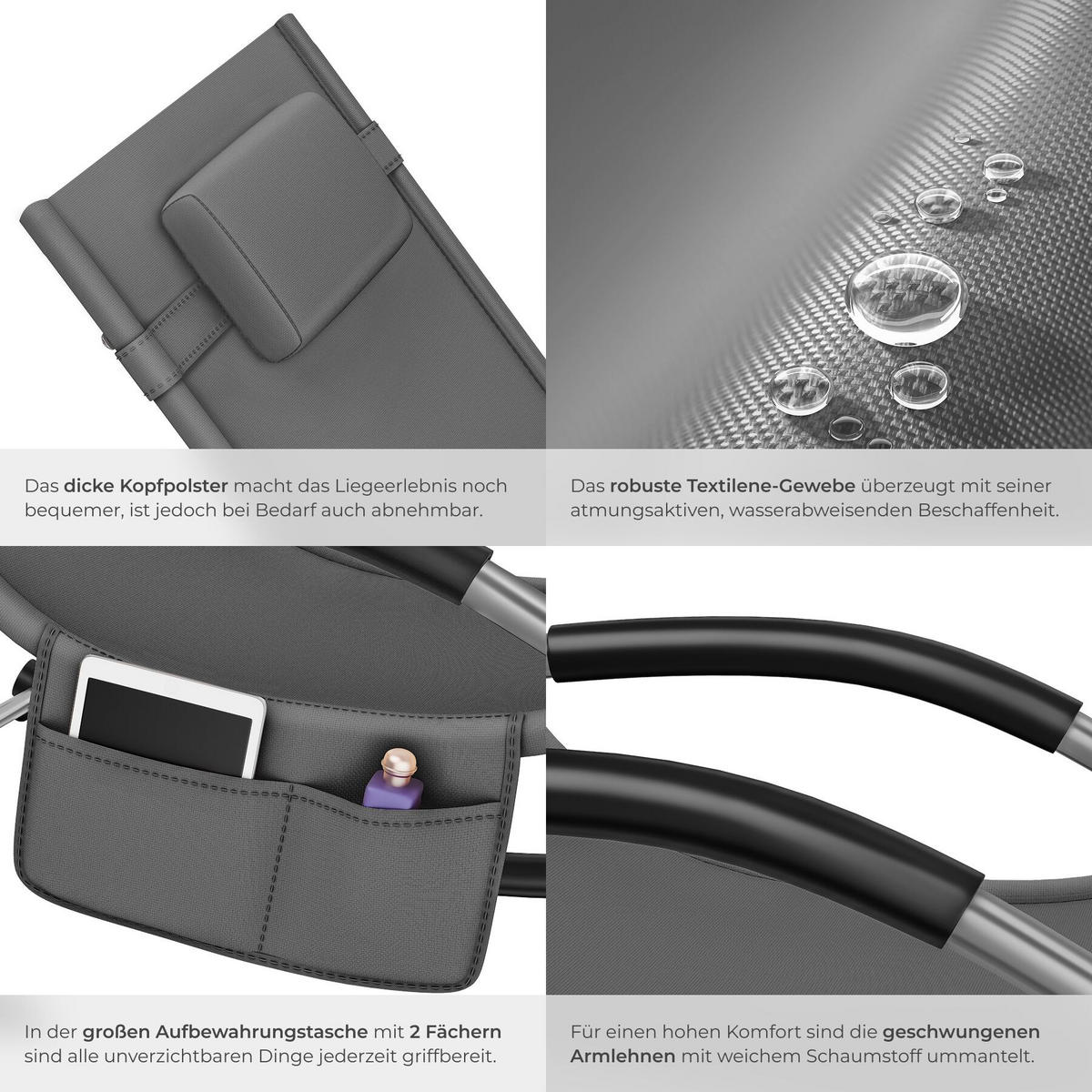 GARTENLIEGE Taya, abnehmbares Kopfpolster, seitliche Aufbewahrungstasche, grau - Grau, Kunststoff (62/92/142cm) - tectake