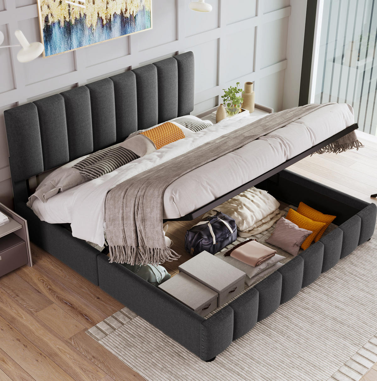 POLSTERBETT 140/200 cm mit Bettkasten und verstellbarem Kopfteil in Grau - Grau, Textil (140/200cm) - BEAOK