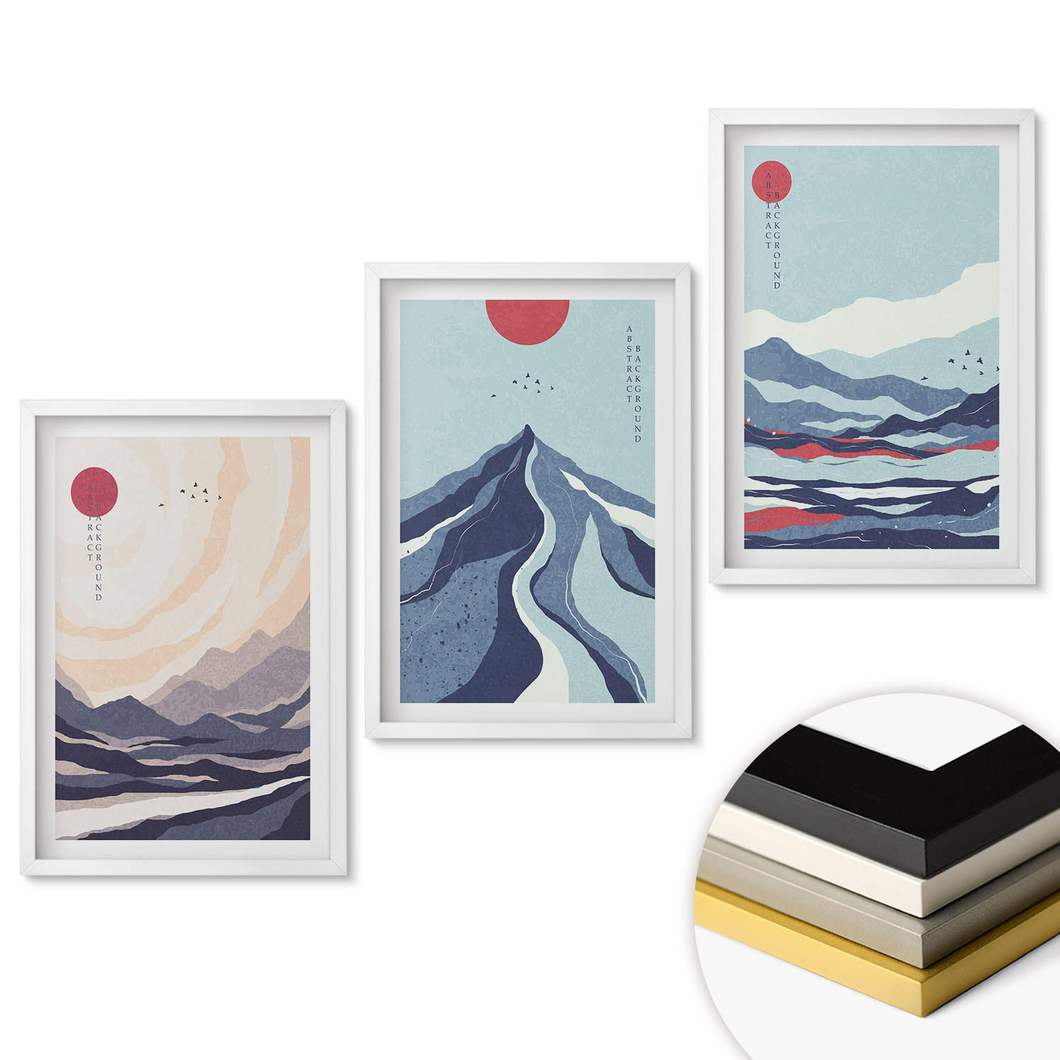 WANDBILDER 3er-Set - 40x60 cm Weißer Rahmen - Abstrakte japanische Berge - Weiß, Kunststoff (40/60cm) - ArtPrintCave