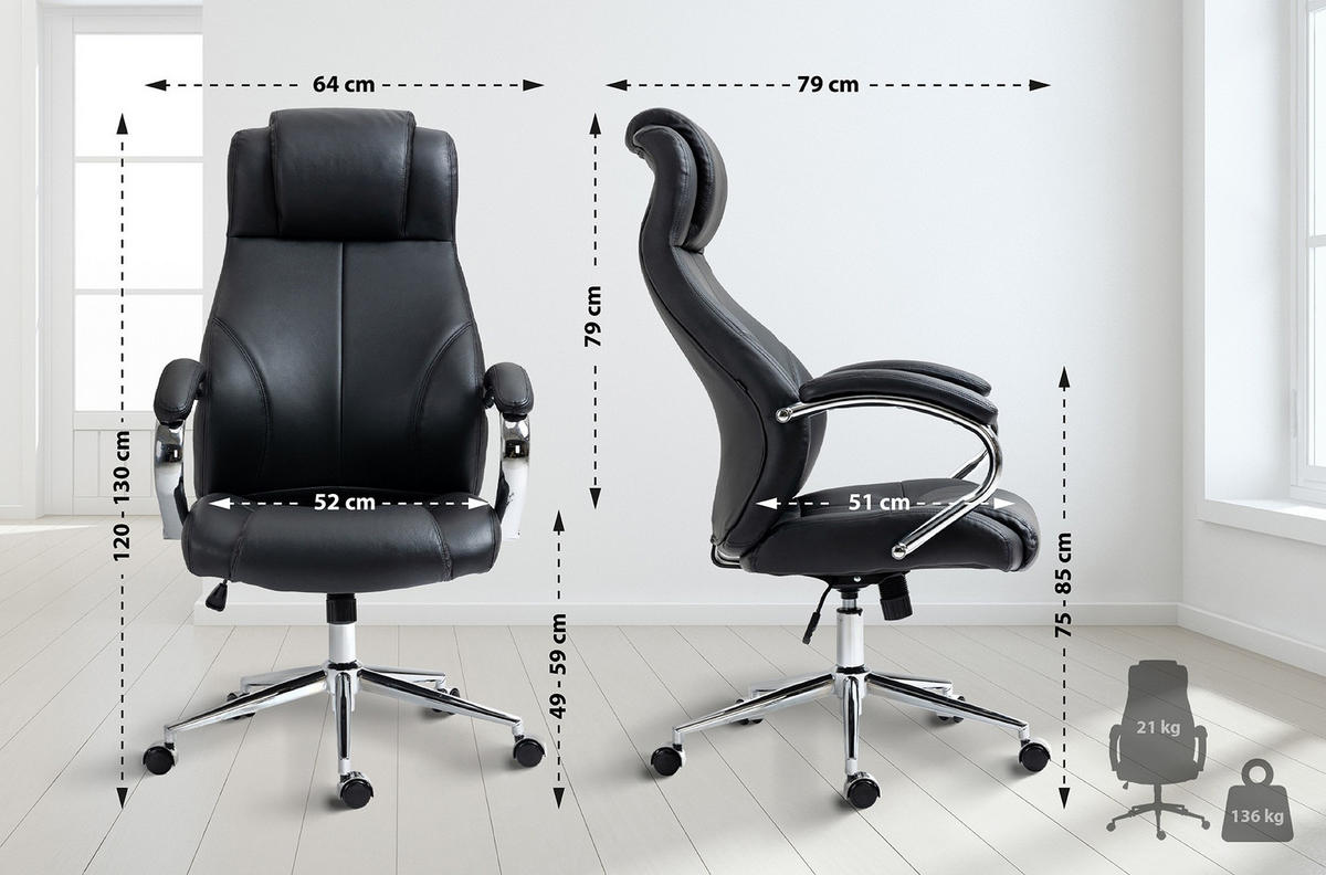 CHEFSESSEL Echtleder schwarz - Chromfarben/Schwarz, Leder/Metall (64/120/79cm) - CLP