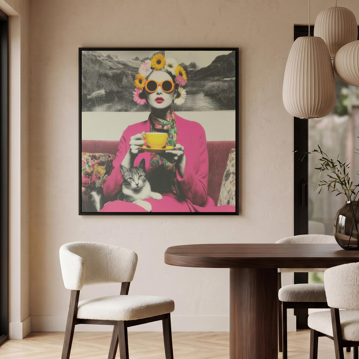 LEINWAND Bilder mit Rahmen - Frau - Katze - Blumen - Tasse - Retro - 90x90 - Magenta, Textil (90/90cm) - MuchoWow