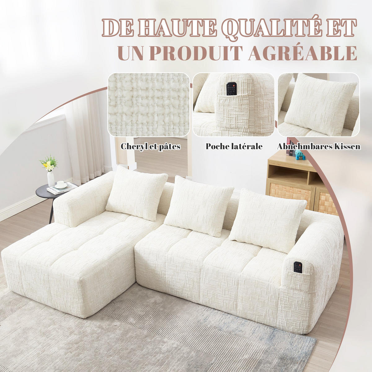 ECKSOFA 3-Sitzer mit Chaiselongue Taschen, Beige Chenille - Beige, Textil (158/250cm) - Urban Meuble