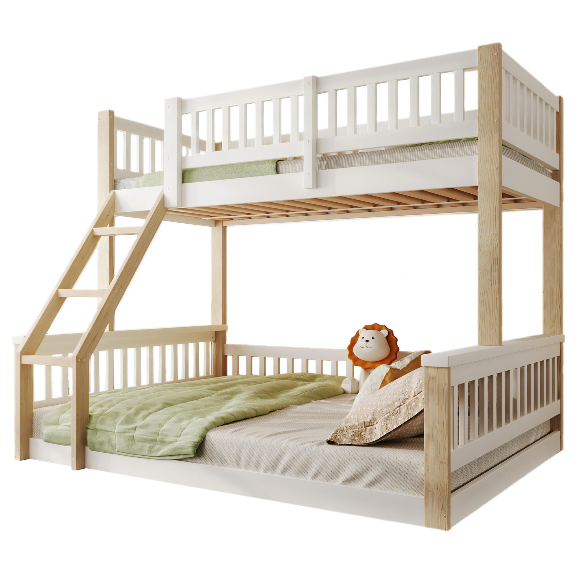 ETAGENBETT 90/200 + 140/200 cm aus Kiefer mit Bettgitter und Leiter Weiß/Natur - Weiß, Holz (90/200cm) - Modenvie