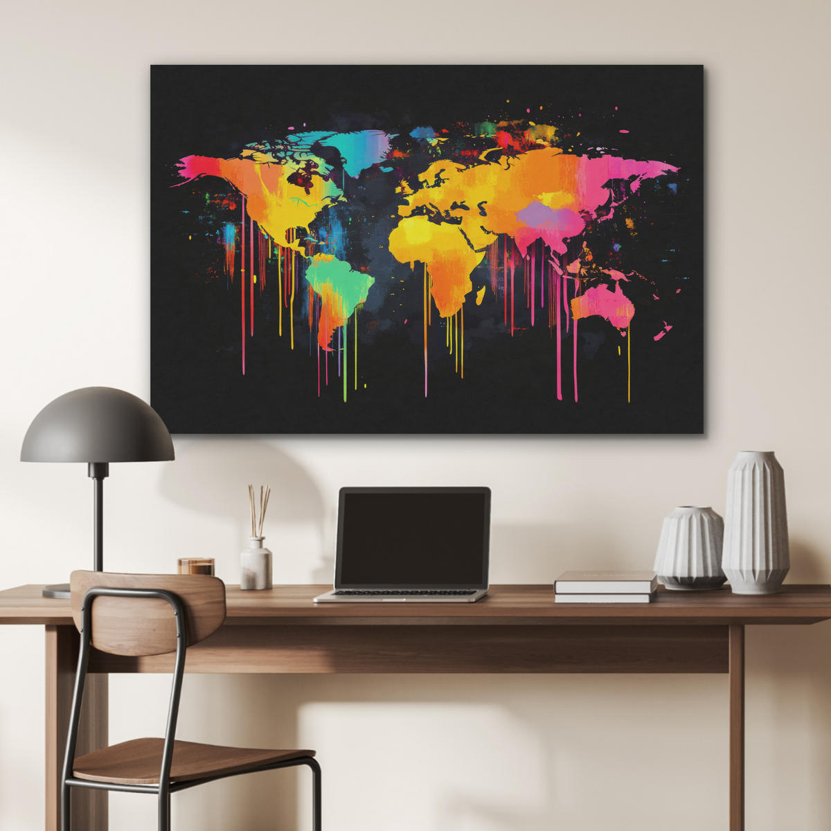 AKUSTIKBILD Weltkarte - Farbe - Bunt - Graffiti - Welt Wandbild Wohnzimmer 100x70 cm - Multicolor, Textil (100/70/0.9cm) - MuchoWow