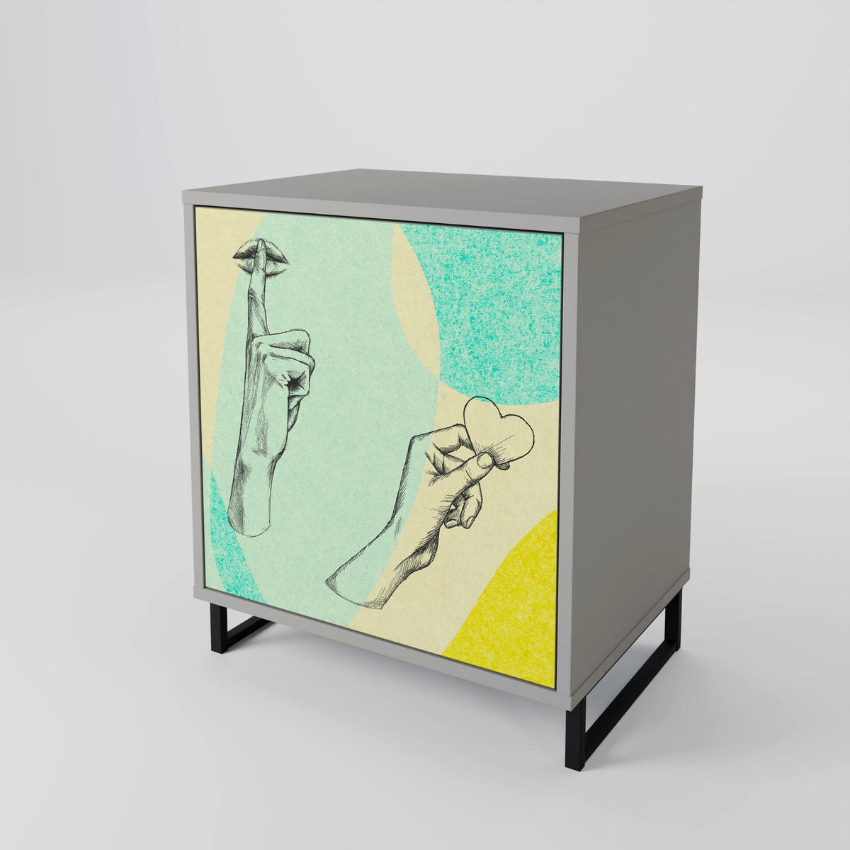 SIDEBOARD BODY LANGUAGE, Grau, 57,5x42x77,5 cm, Schräge Buchenholzfüße - Buchefarben/Multicolor, Holzwerkstoff/Buchenholz (57.5/77.5/42cm) - SpaceRebels