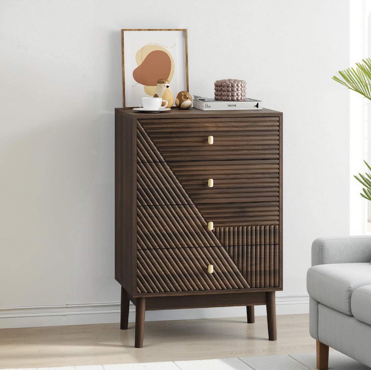 KOMMODE aus MDF und Spanplatte 60x40x90 cm Walnuss mit 4 Schubladen im Mid-Century-Stil - Walnussfarben, Holzwerkstoff (60/90/40cm) - Modfu