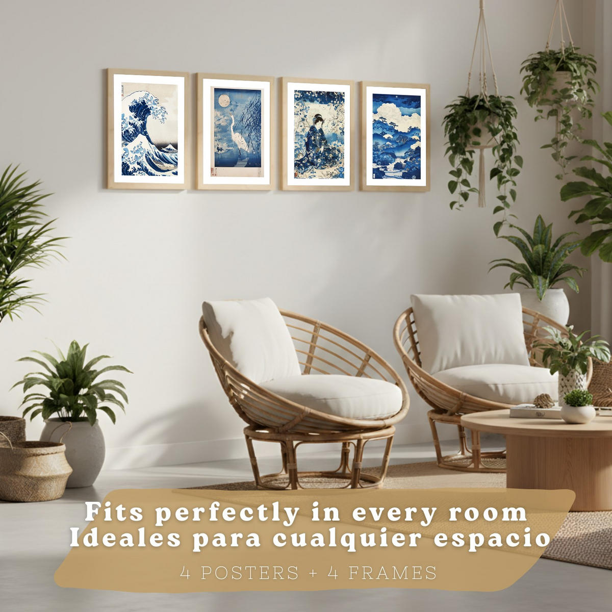 PLAKAT Sada 4 Japan Blue A3 Lehký dřevěný rám - béžová, papír (29.7/1/42cm) - Nacnic