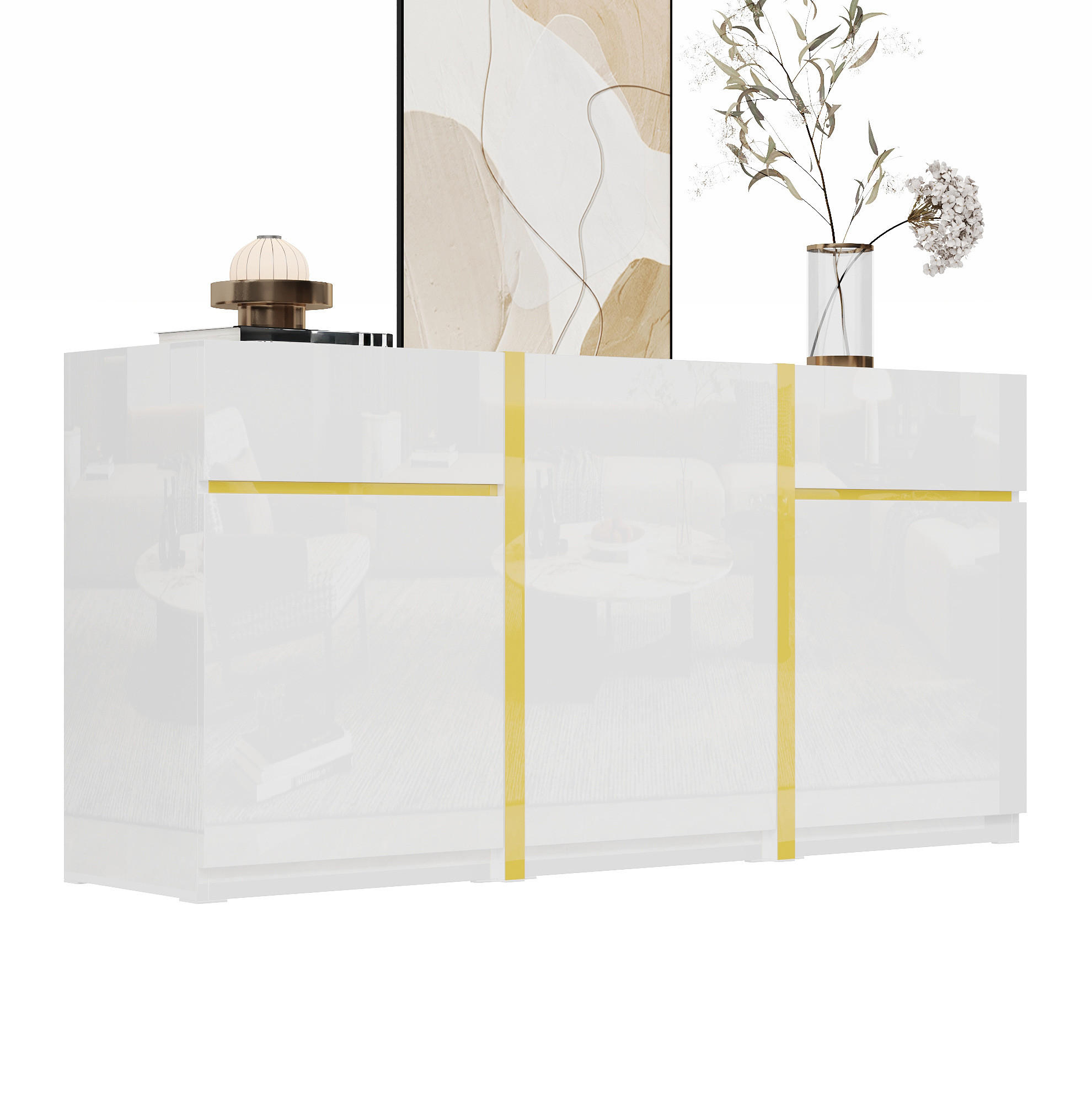 Modfu PŘÍBORNÍK z MDF a dřevotřísky 160x40x78 cm bílý se 2 zásuvkami, 3 dvířky a vysokým leskem se zlatými detaily