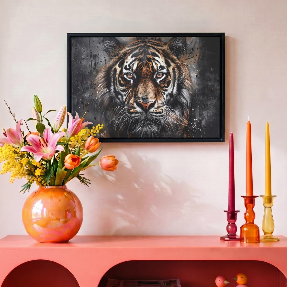 LEINWAND Bilder mit Rahmen - Tiger - Tiere - Porträt - Luxus - Schwarz - 30x20 - Braun, Textil (30/20cm) - MuchoWow