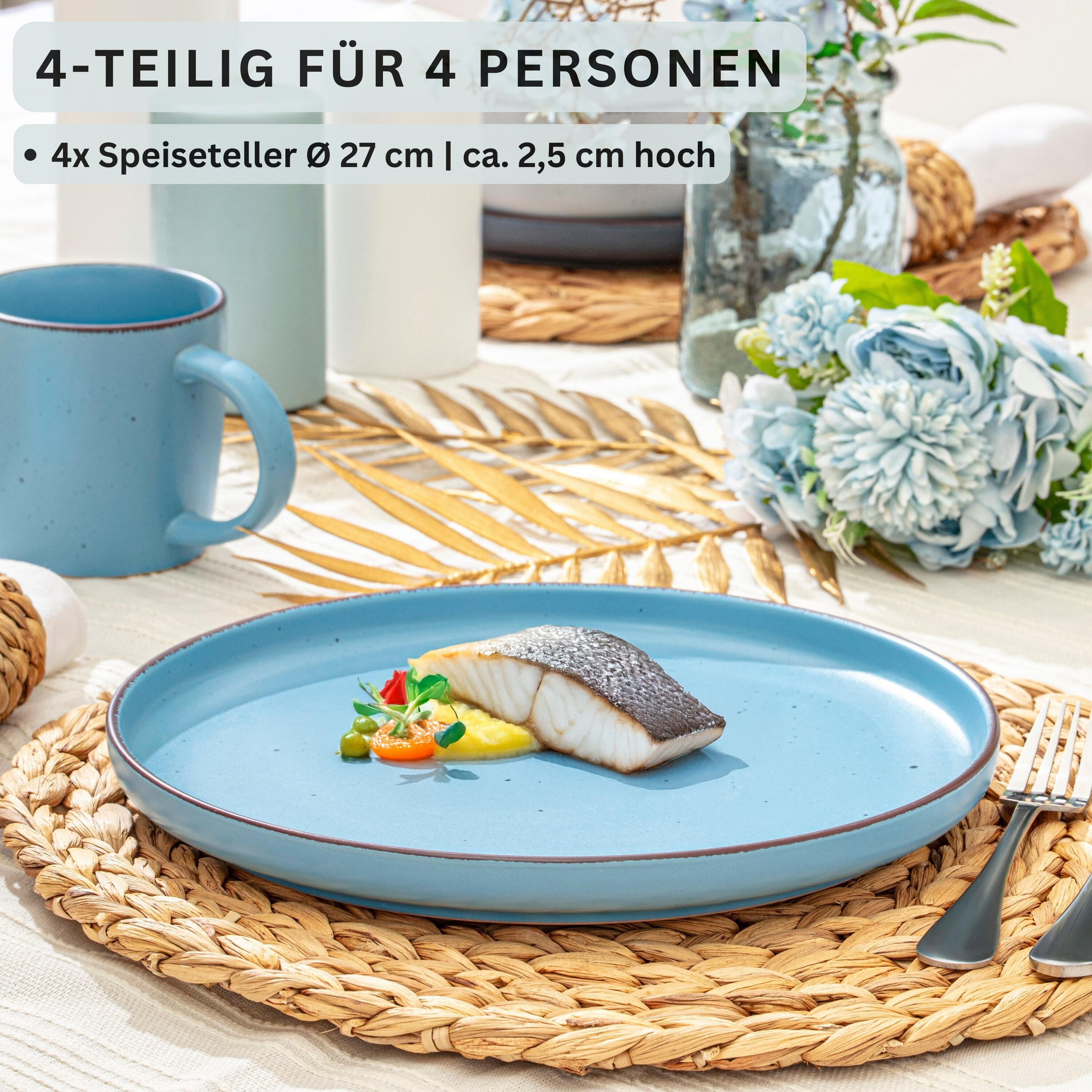 SPEISETELLER BOMBAY MEERESBODEN - 4 teilig aus Steingut - Blau/Braun, Stein (27cm) - Sänger