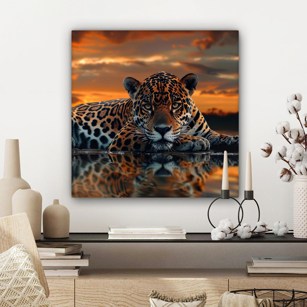 LEINWANDBILD Natur - Leopard - Tier - Sonnenuntergang - Modern 50x50 cm - Orange, Textil (50/50cm) - MuchoWow
