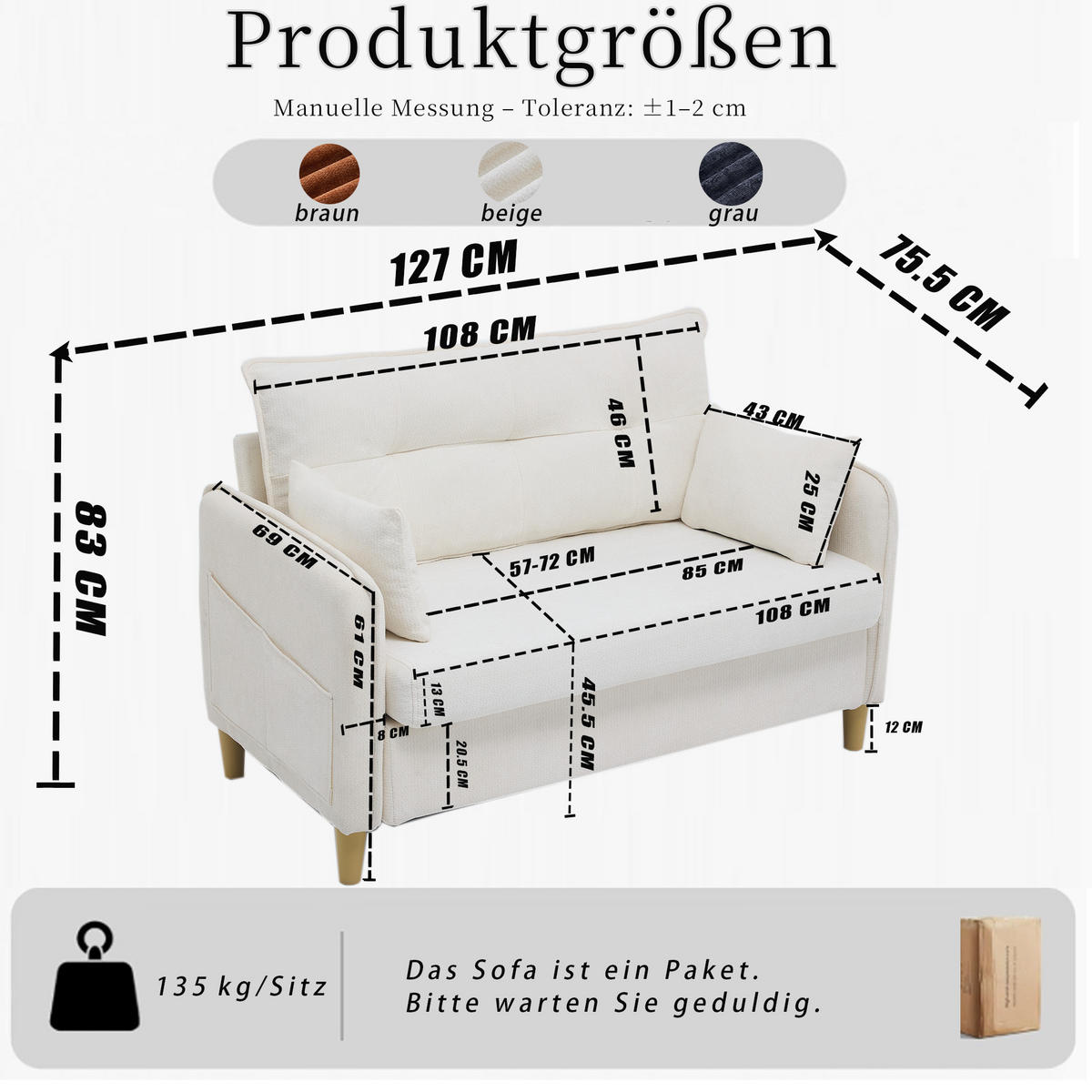 SCHLAFSOFA 127/75.5/83 cm Beige mit Armlehnen und Seitentaschen - Beige, Textil (75.5/83/127cm) - Oxeza