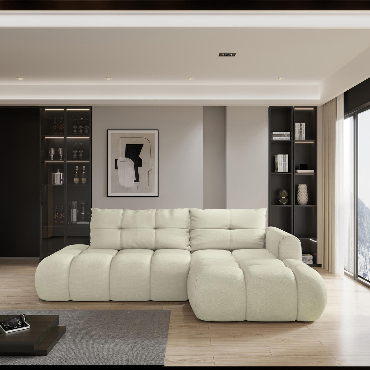 ROHOVÁ SEDAČKA FLUMA krémová - černá/krémová, dřevo/textil (279/158cm) - MASSENO