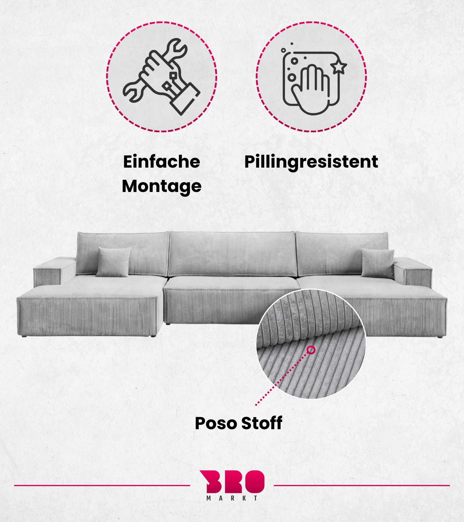 Thumbnail - Bromarkt Wohnlandschaft, Hellgrau, Textil, 5-Sitzer, Ottomane links, U-Form, 397x85x148 cm, Wohnzimmer, Sofas & Couches,...