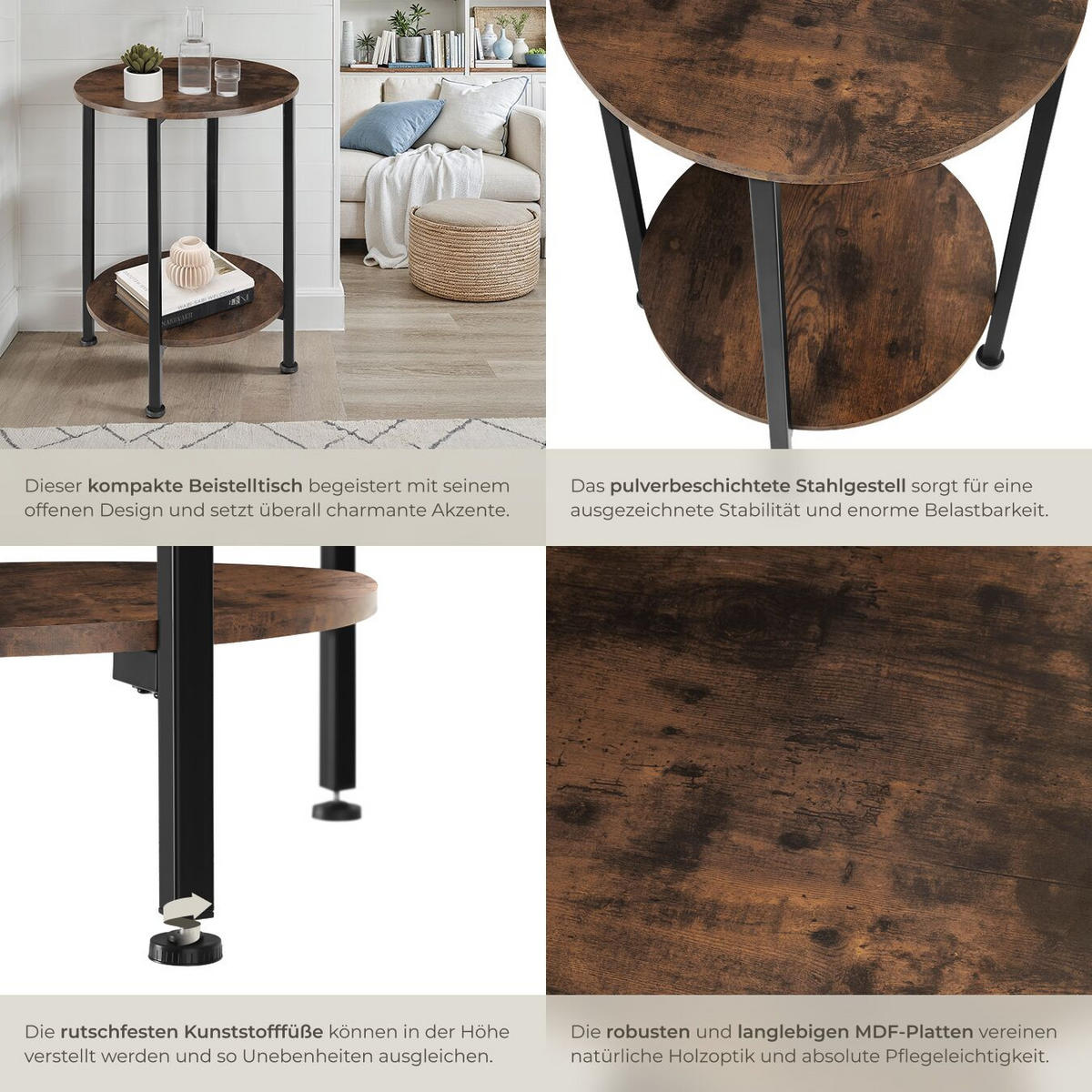 BEISTELLTISCH Ballina,45 x 64 cm,Industrial Holz dunkel, rustikal - Rostfarben, Holz (45/45/64cm) - tectake