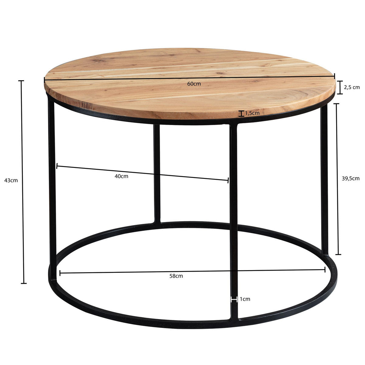COUCHTISCH Naturholz mit stabiler Konstruktion und runder Ablage, Belastbarkeit 50 kg - Beige/Schwarz, Holz/Metall (60/60/43cm) - KADIMA DESIGN