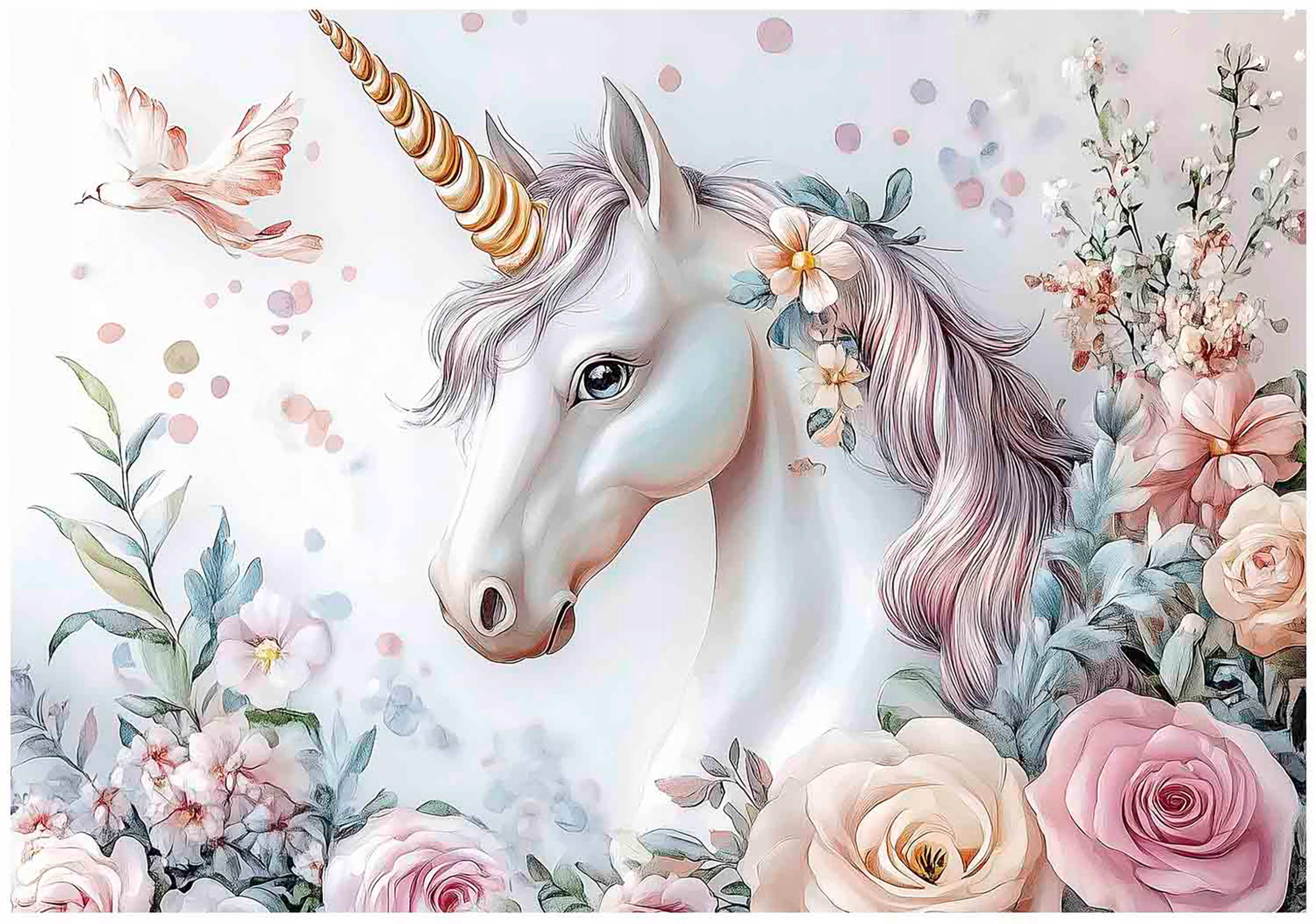 FOTOTAPETE Kinderzimmer Einhorn Blumen 200x140 - Multicolor, Papier (200/140cm) - Wallarena