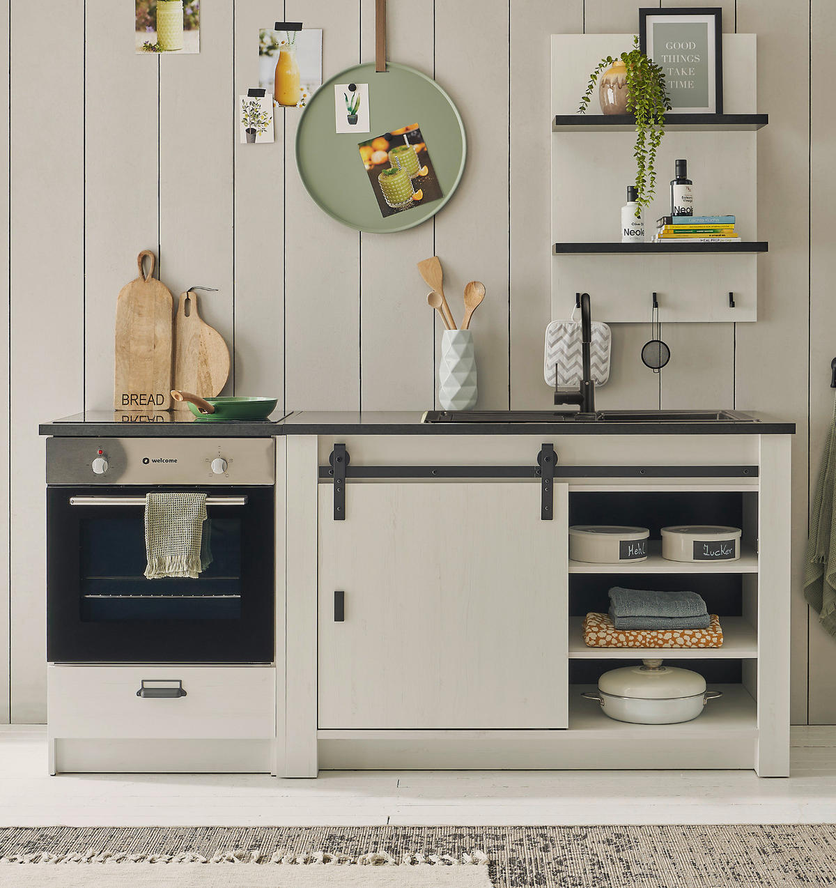 KÜCHEN-SET weiß Pinie, anthrazit 3-teilig 196 cm, Küchenschrank Set im Landhaus-Stil - Anthrazit/Schwarz, Holzwerkstoff/Metall (196/180/64cm) - Furn.Design