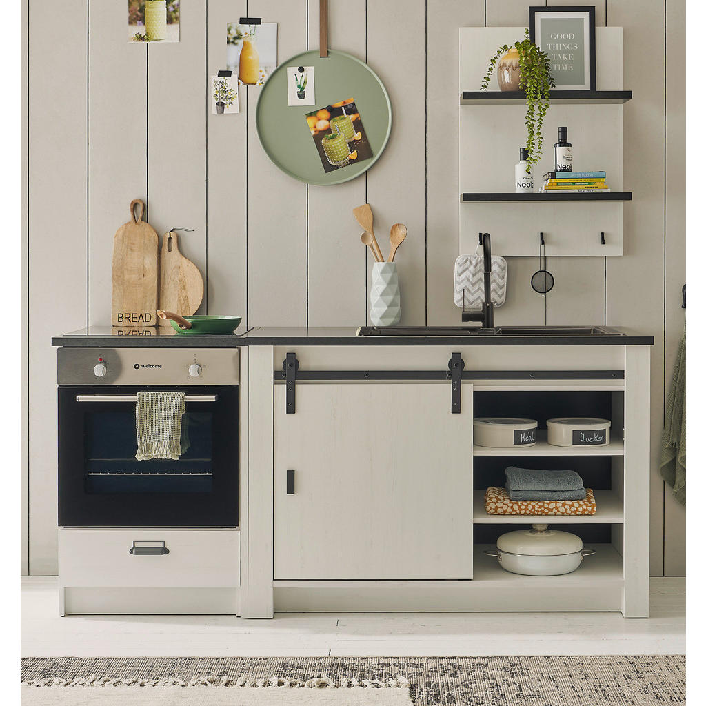 Thumbnail - Furn.Design Küchen-Set, Weiß, Anthrazit, Metall, Nachbildung,Nachbildung,Pinie, Uni, einzeln stellbar,Zeile,Rund, 196x18...