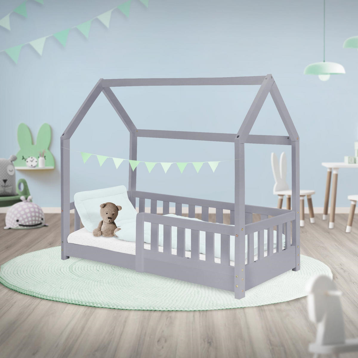 KINDERBETT mit Dach 70x140 cm Hellgrau - Hellgrau, Holz (70/140cm) - ML-DESIGN