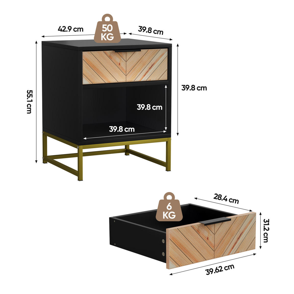 NACHTTISCH aus MDF 43x40x55 cm Schwarz/Natur mit Schublade und offenem Fach im Mid-Century-Stil - Schwarz, Holzwerkstoff (43/55/40cm) - Modfu