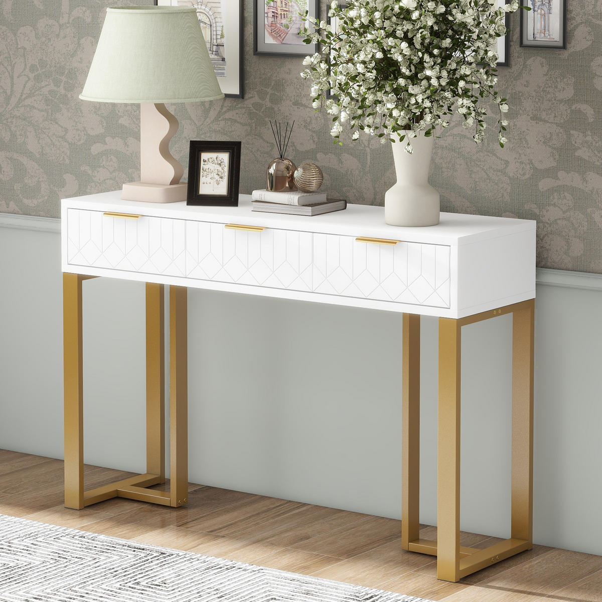 BEISTELLTISCH in Weiß und Gold Konsolentisch mit Schubladen für Wohnzimmer, Flur und Büro, B120/T36/H80 cm - Goldfarben/Weiß, Holzwerkstoff/Metall (36/120/80cm) - STILVORA
